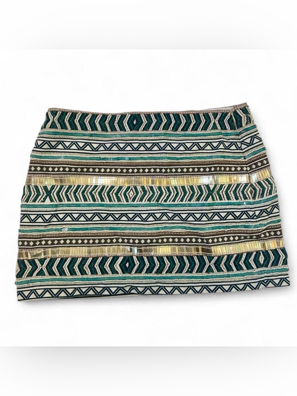 Zara Trafaluc Beaded Teal, Gold and Black Embellished Mini Skirt